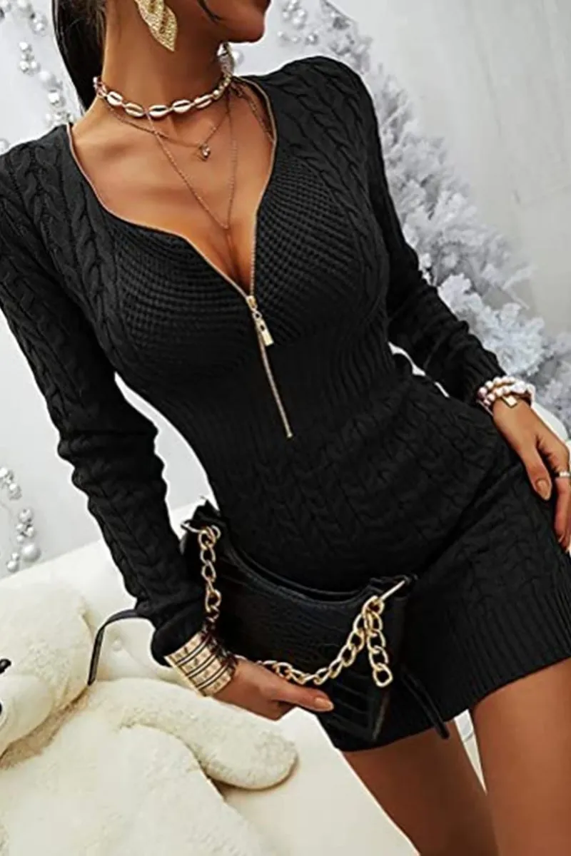 Zipper V Neck Bodycon Sweater Dress